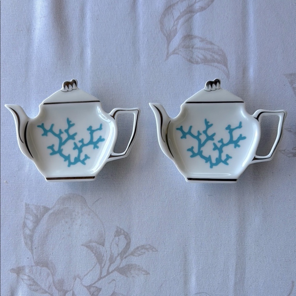 Raynaud Limoges Tea Bag Dish, set of two. White and Blue Teapot Shaped.